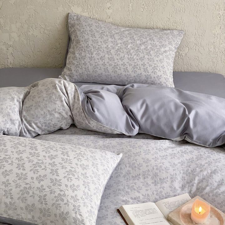 Floral Micro-Print Cotton Sateen Duvet Cover Set with Reversible Solid-Back and Pillow Shams