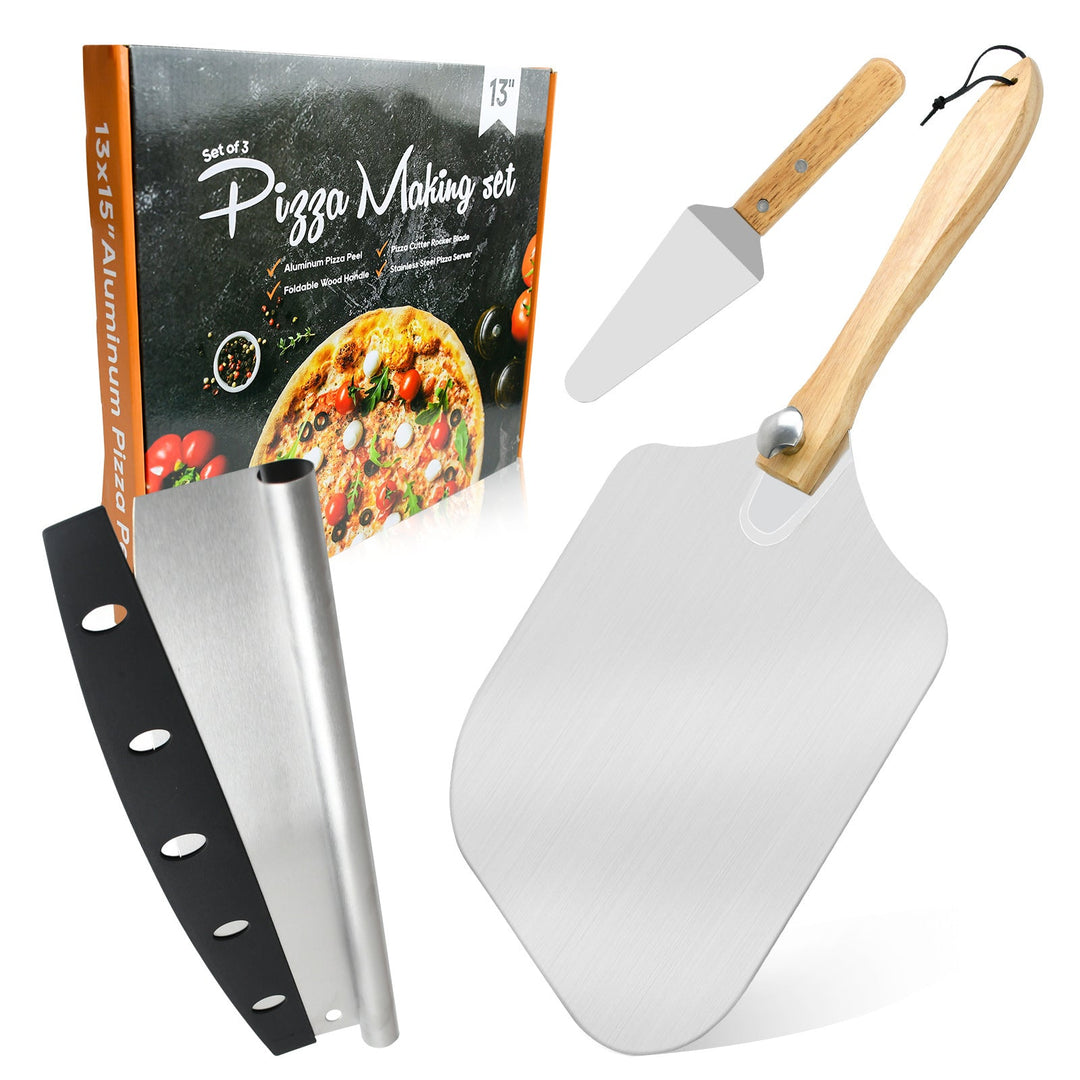 professional pizza peel set with foldable beech wood handle, aluminum paddle and stainless steel rocker cutter Stornfield