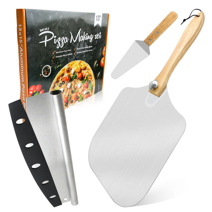 professional pizza peel set with foldable beech wood handle, aluminum paddle and stainless steel rocker cutter Stornfield