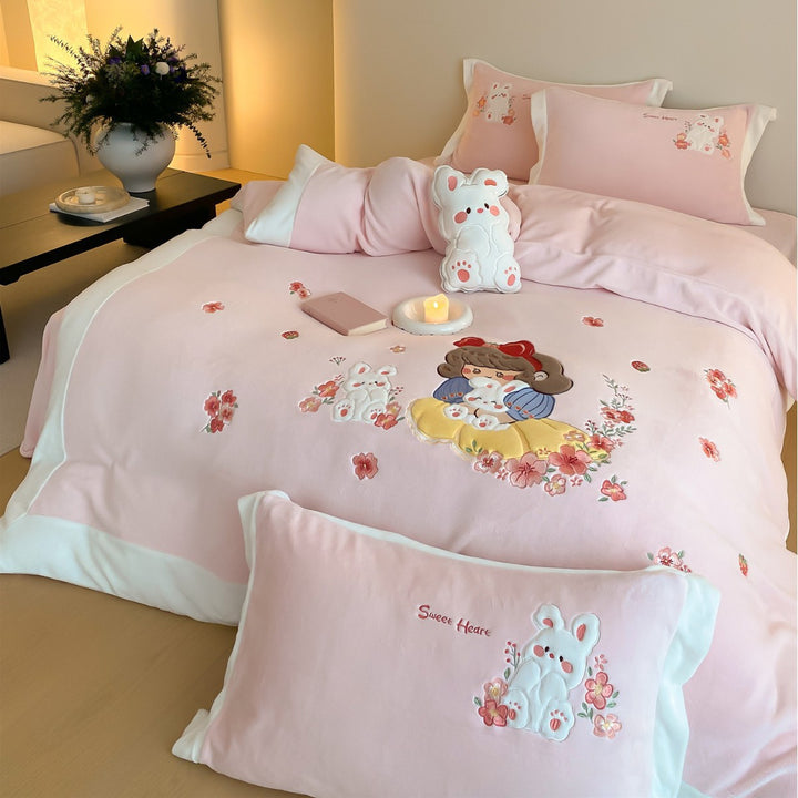 Cartoon Embroidered Duvet Cover Set with Plush Appliqué & Pillow Shams