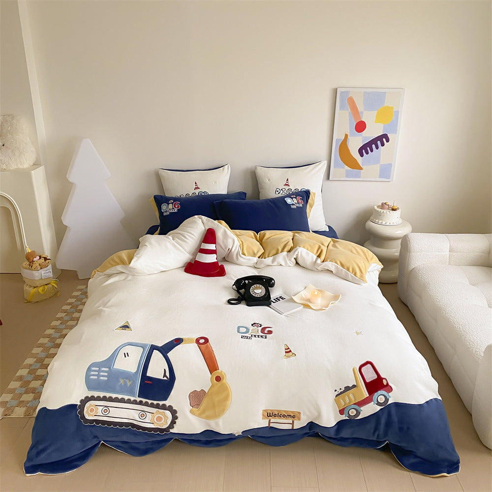 Cartoon Space-Themed Cotton Duvet Cover Set with Reversible Velvet Scallop Trim and Embroidered Astronaut Motifs