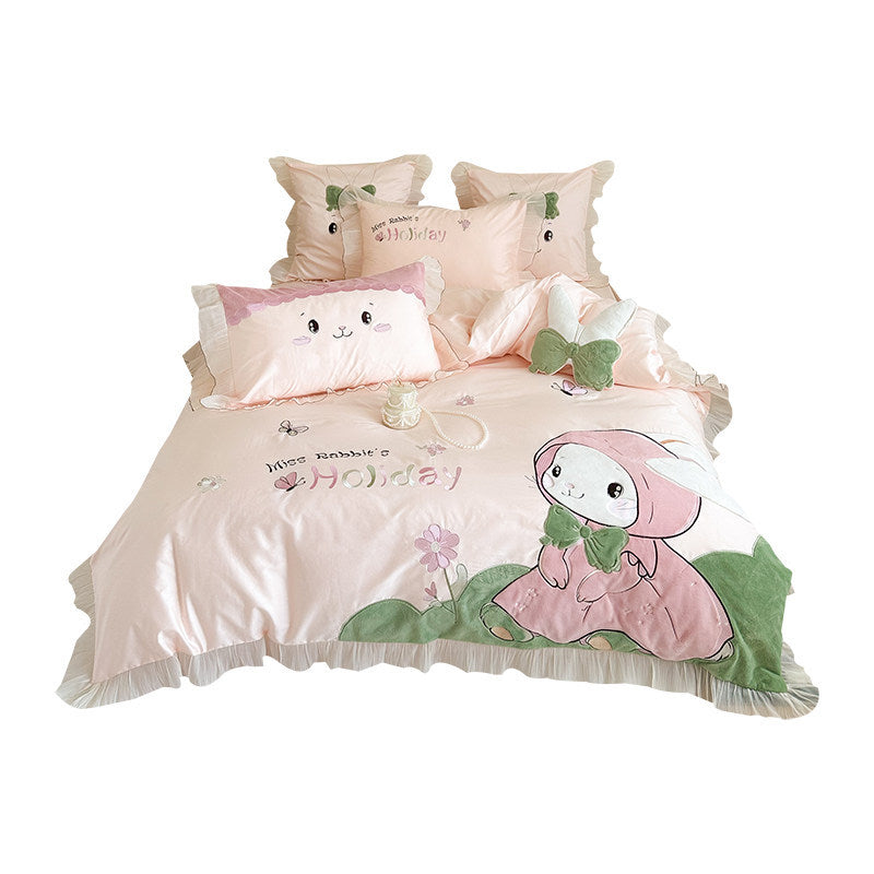 Rabbit Appliqué Cotton Sateen Duvet Cover Set with Plush Accents