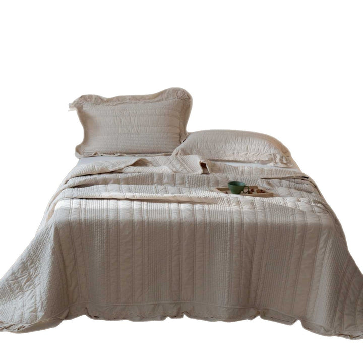 Quilted Washed Cotton Oversized Coverlet with Scalloped Ruffle and Matching Pillow Shams