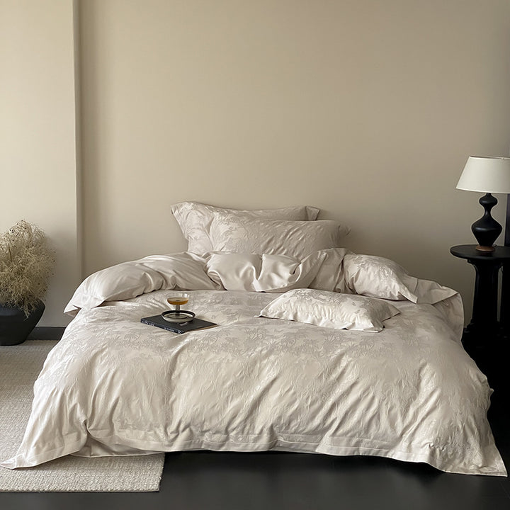 Jacquard Sateen Duvet Cover Set with Subtle Botanical Damask & Deep-Pocket Shams