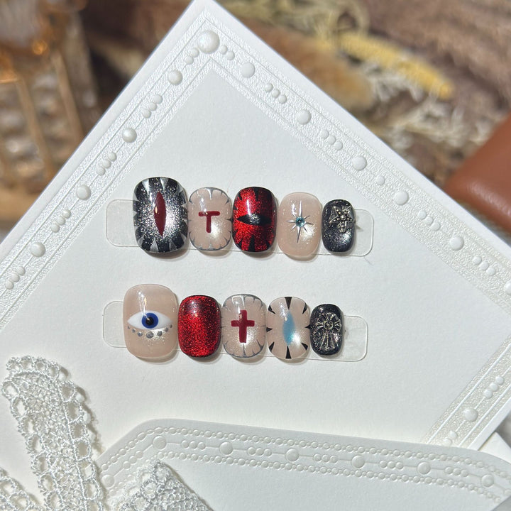 Artistic Press-On Nail Design Set with Unique Symbolic Accents Stornfield