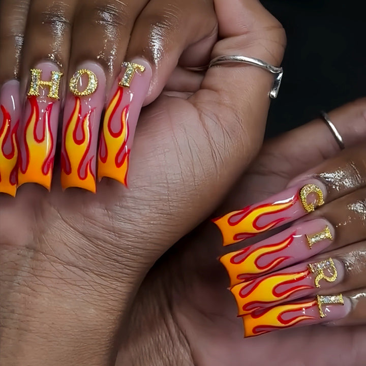Flame-Patterned Press-On Nail Art Stornfield