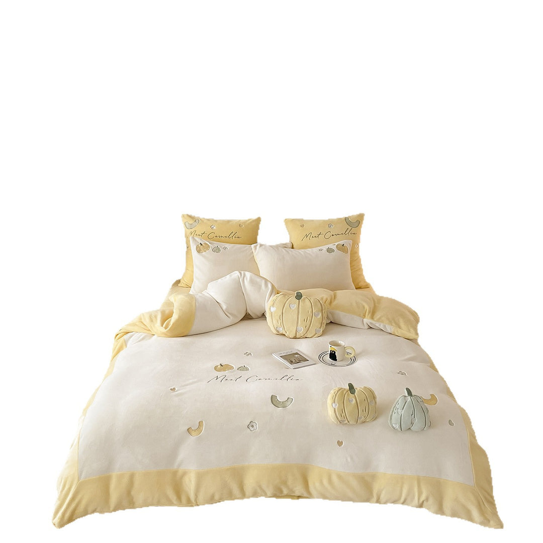 Velvet-Feel Pumpkin Embroidered Duvet Cover & Sham Set