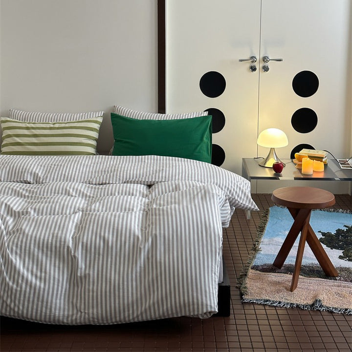 Striped cotton-linen bedding set with breathable, softly washed surface and zipper