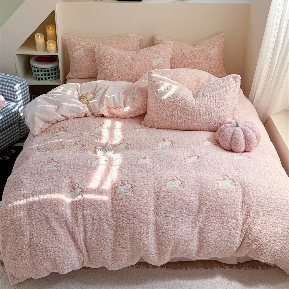 Plush quilt set with rabbit embroidery and Sherpa surface