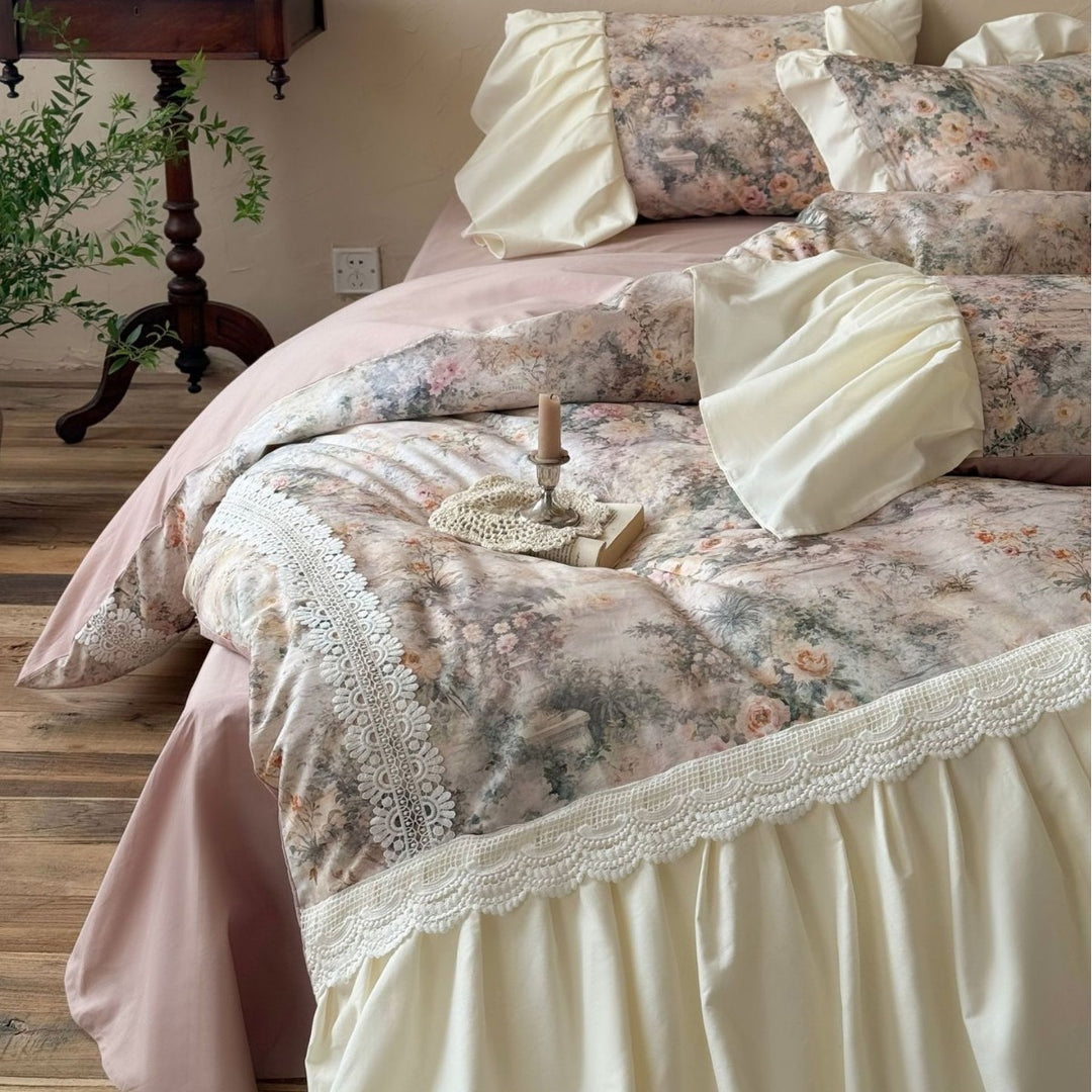 Romantic bedding set with ruffles and satin bed skirt