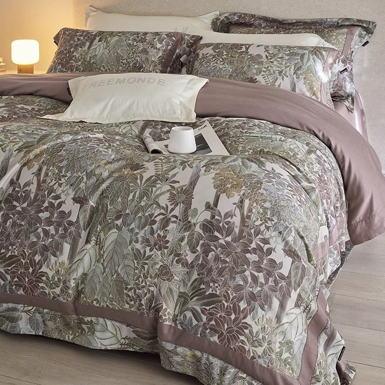 Designer Botanical Printed Sateen Duvet Cover Ensemble with Silk-Feel Border & Pillow Shams