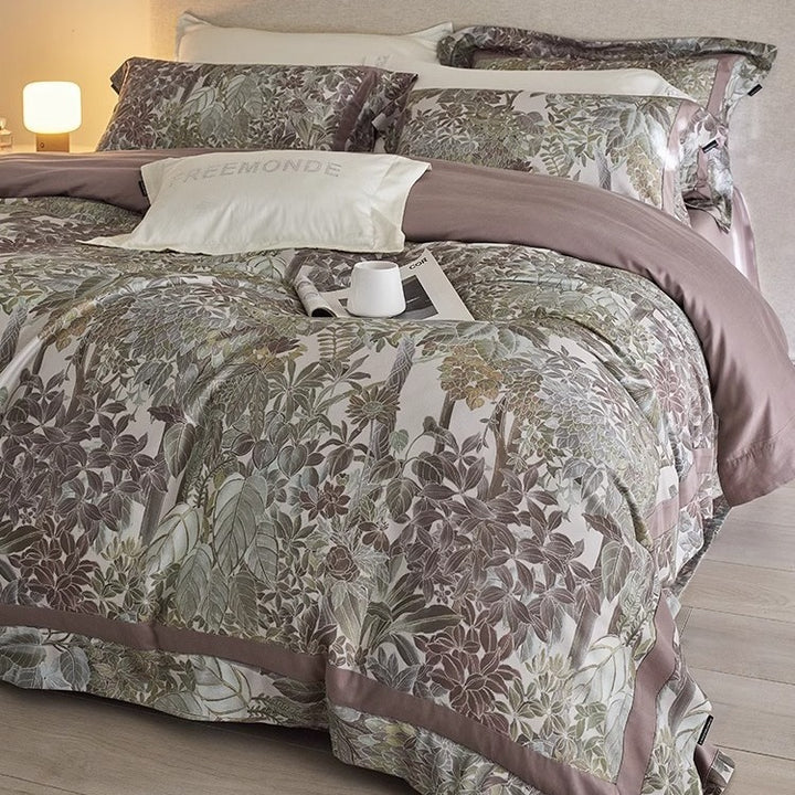 Designer Botanical Printed Sateen Duvet Cover Ensemble with Silk-Feel Border & Pillow Shams