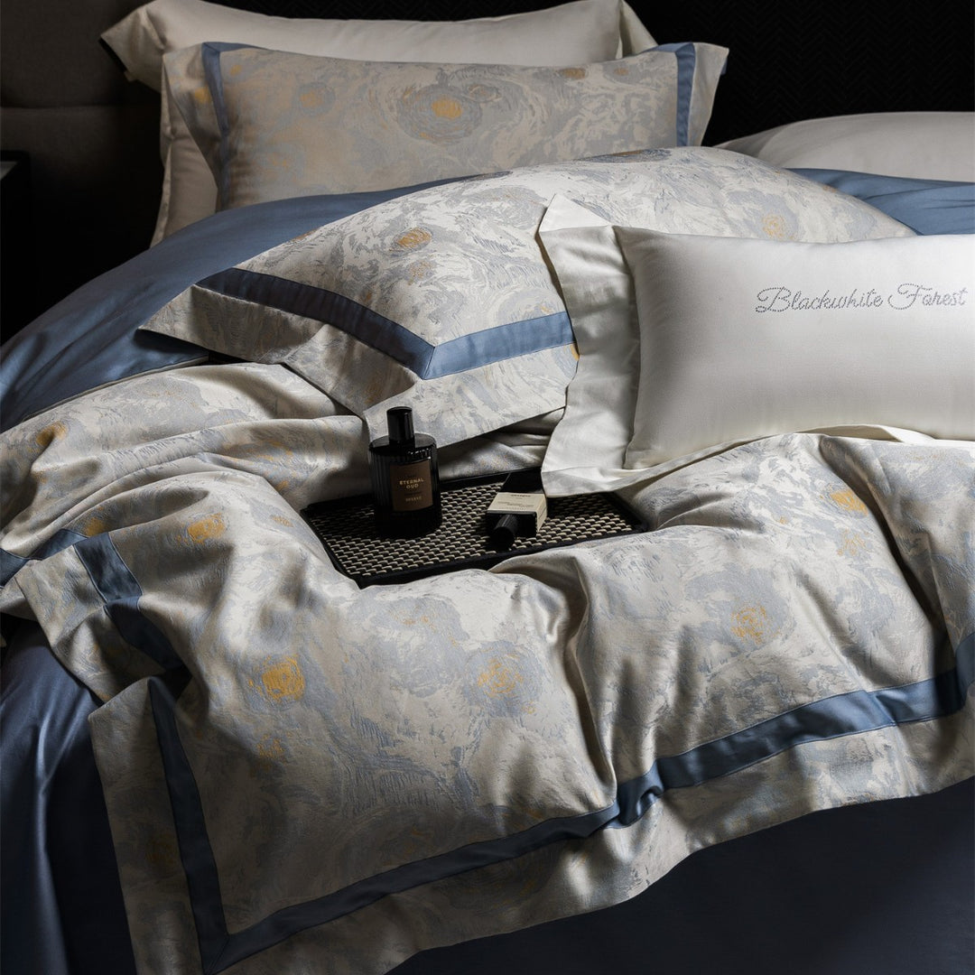 Gradient Jacquard Satin Duvet Cover Set with Floral Embossed Motif and Pillow Shams