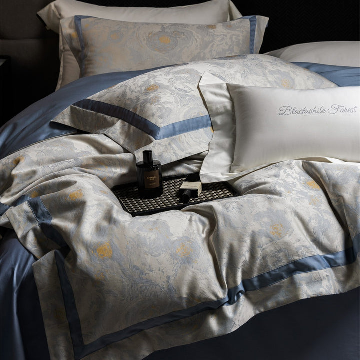 Gradient Jacquard Satin Duvet Cover Set with Floral Embossed Motif and Pillow Shams