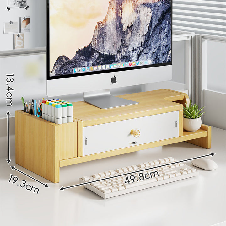 Elevated Bamboo Desktop Stand with Lockable Drawer and Integrated Cup & Stationery Caddy
