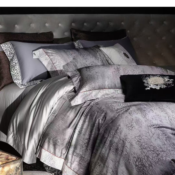 Luxury Satin-Feel Reversible Marble-Texture Duvet Cover Set with Embroidered Accent Pillow
