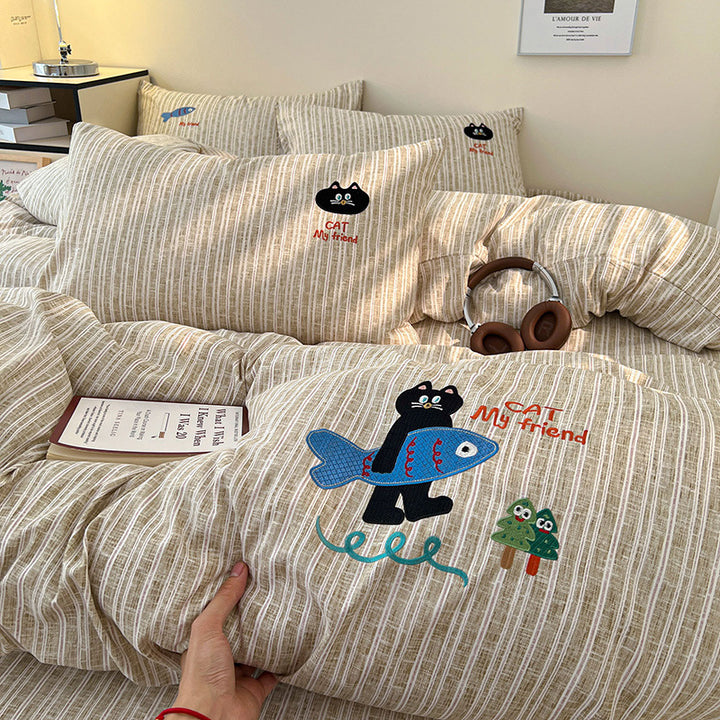 Embroidered Cotton-Blend Stripe Duvet Cover Set with Playful Cat & Fish Appliqué