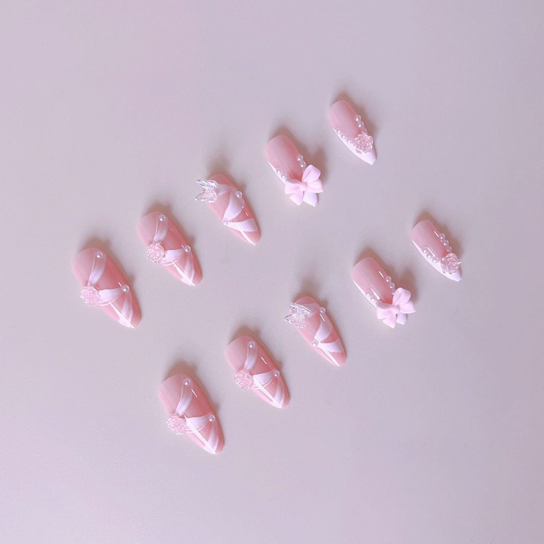 Artificial nail set with romantic 3D flower and bow decorations Stornfield
