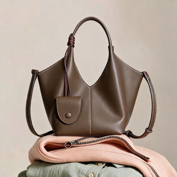 Curved-Top Soft Leather Bucket Tote with Hanging Mini Pouch