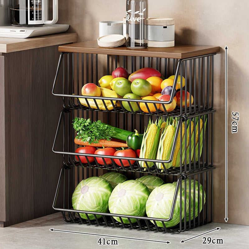 Vertical Five-Tier Rolling Kitchen Produce Storage Cart with Wooden Top and Pull-Out Wire Baskets