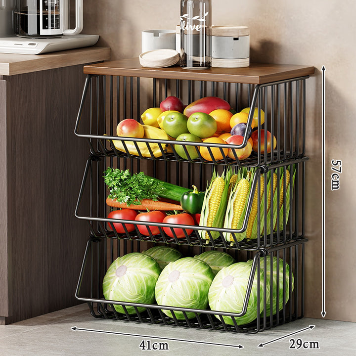 Vertical Five-Tier Rolling Kitchen Produce Storage Cart with Wooden Top and Pull-Out Wire Baskets