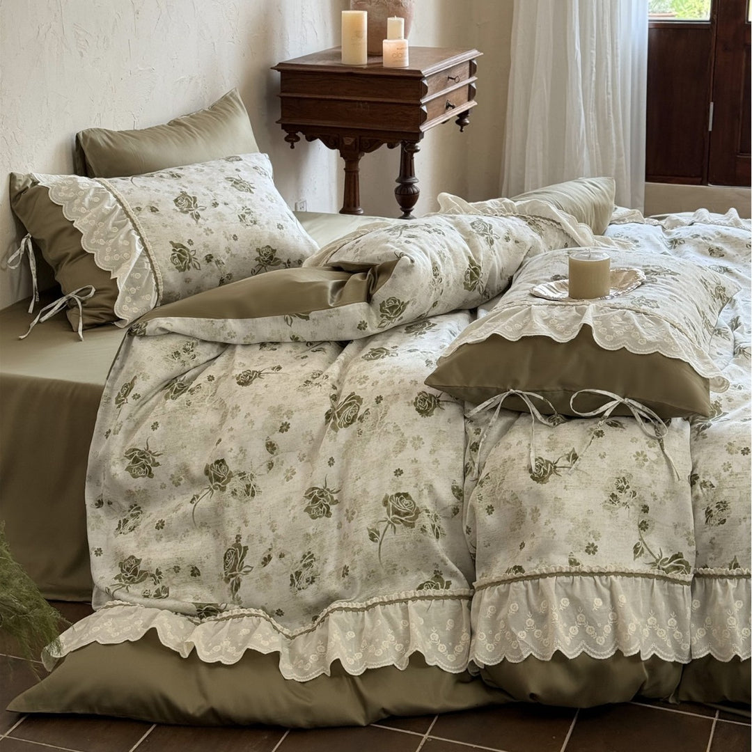 Vintage Floral Ruffled Lace Duvet Cover Set