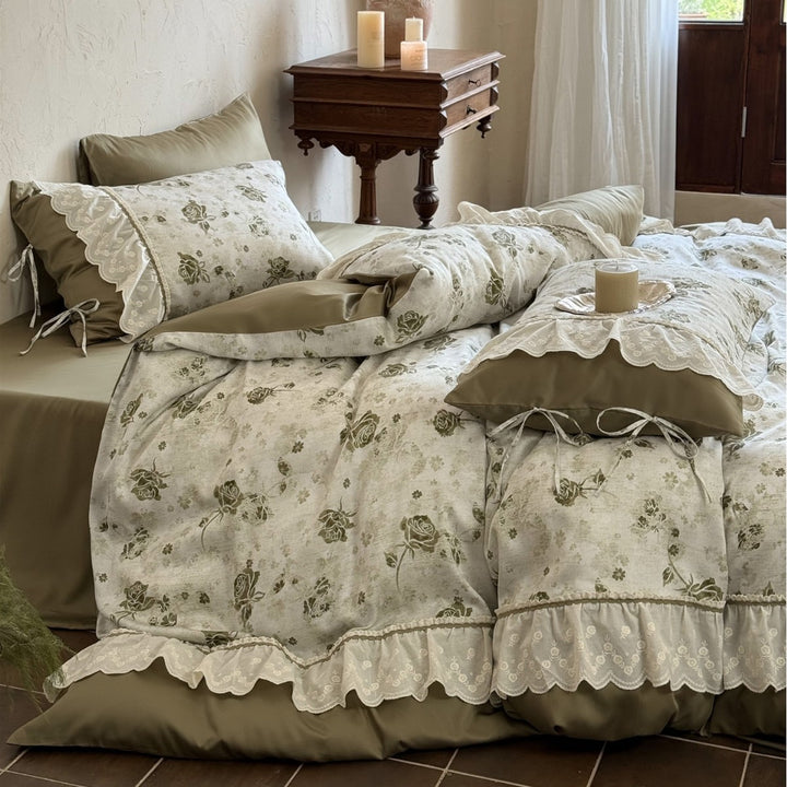 Vintage Floral Ruffled Lace Duvet Cover Set