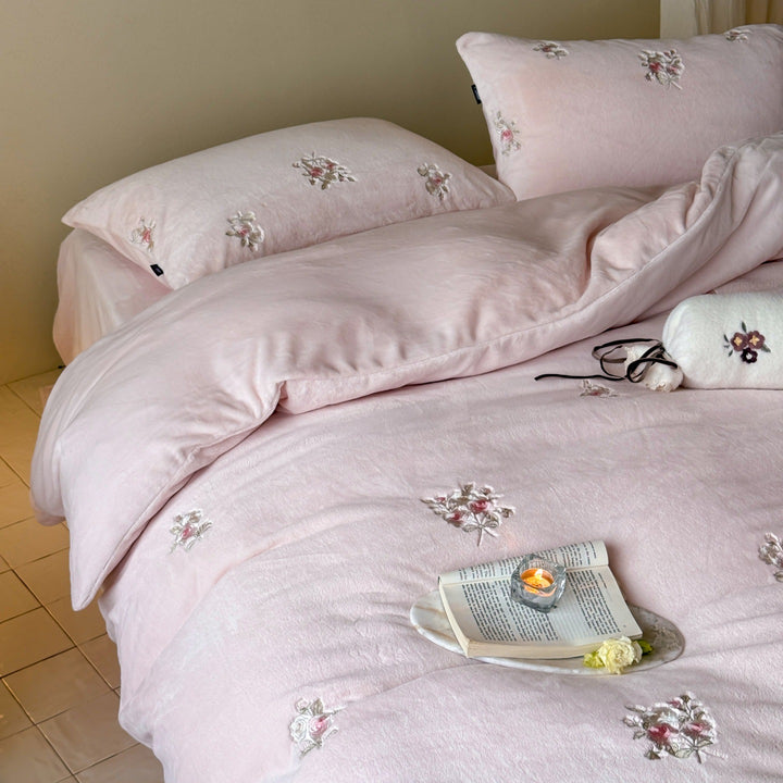 Embroidered Floral Velvet Duvet Cover Set with Pillow Shams