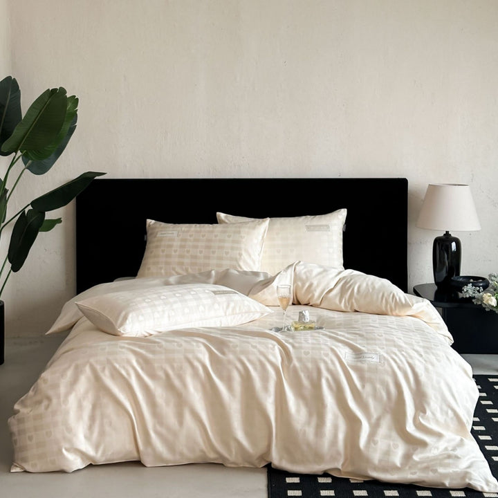 Premium cotton satin bedding set with jacquard check and heart motif