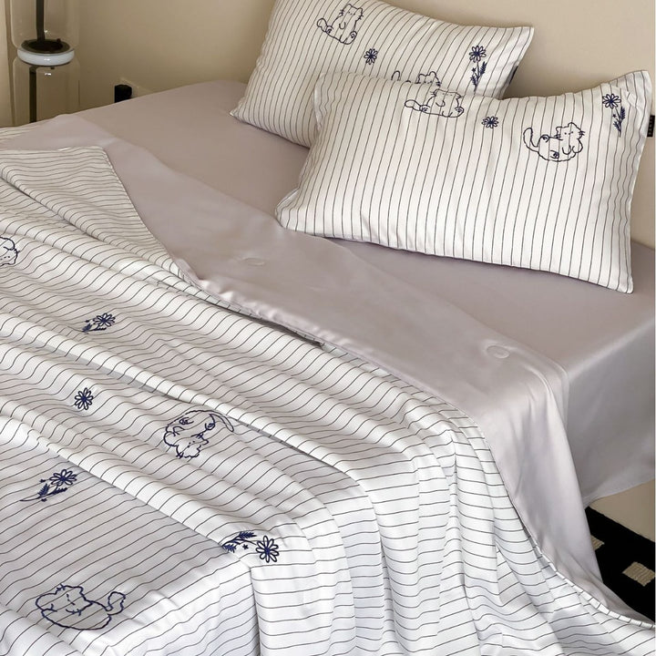 Cotton satin bed sheet and pillowcase set with fine pinstripe and subtle embroidery