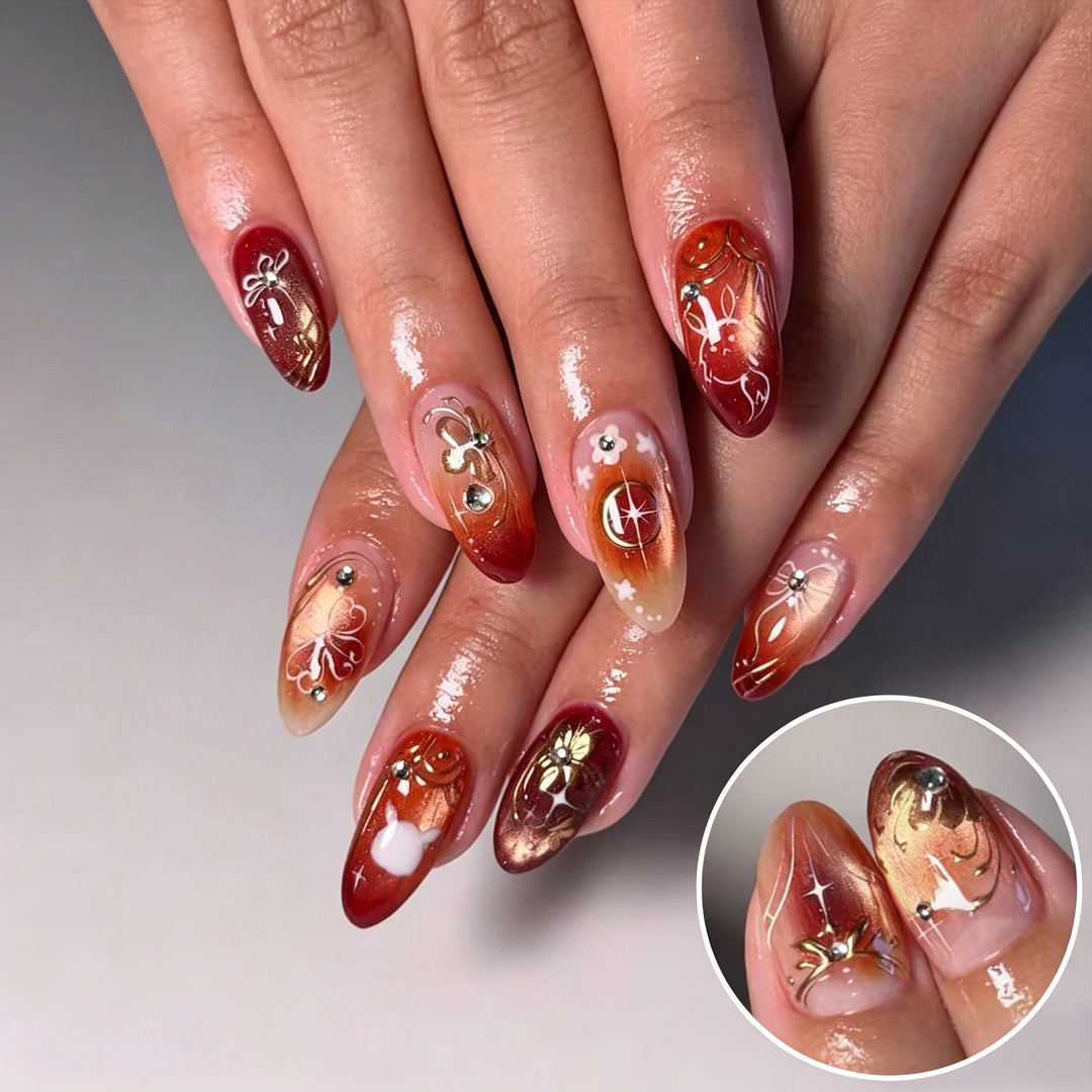 Artistic Press-On Nail Art Set with Floral and Metallic Emblems Stornfield