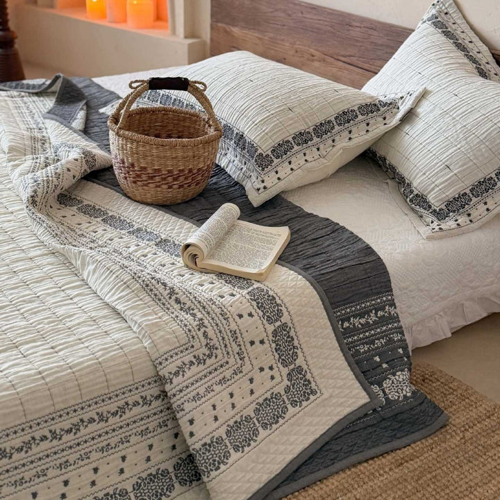 Quilted Cotton Reversible Bedspread with Botanical Embroidery and Matching Pillow Shams
