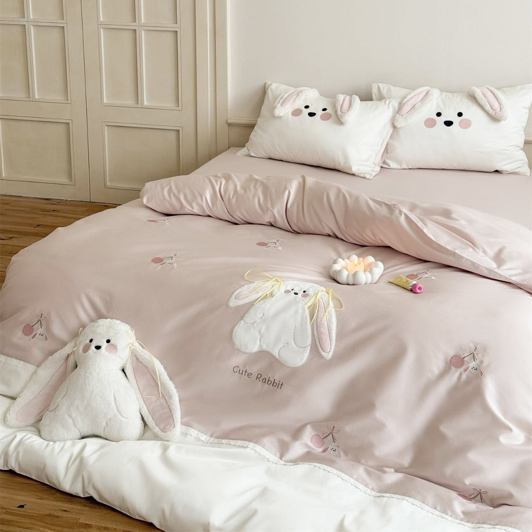 Plush 3D Bunny Appliqué Embroidered Cotton Sateen Duvet Cover Set