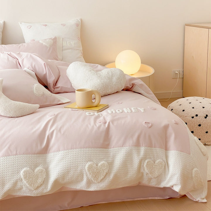 Romantic Embroidered Heart Cotton Duvet Cover Bedding Set
