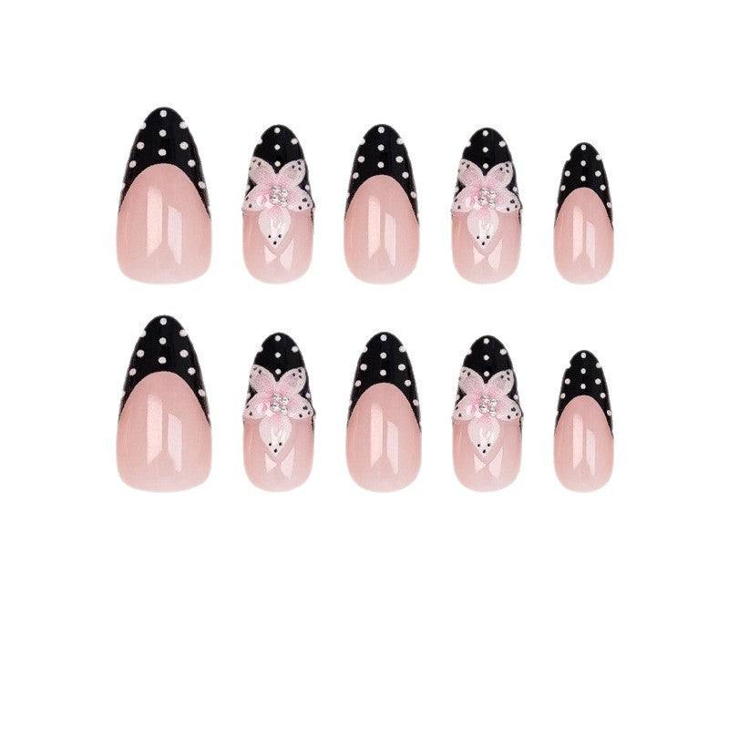 Artificial nail set with elegant 3D flowers and stylish dots Stornfield