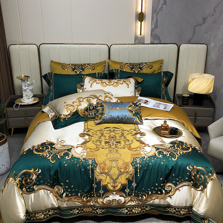 Silky Floral Embroidered Satin Duvet Cover Bedding Set with Scalloped Hem & Pillow Shams