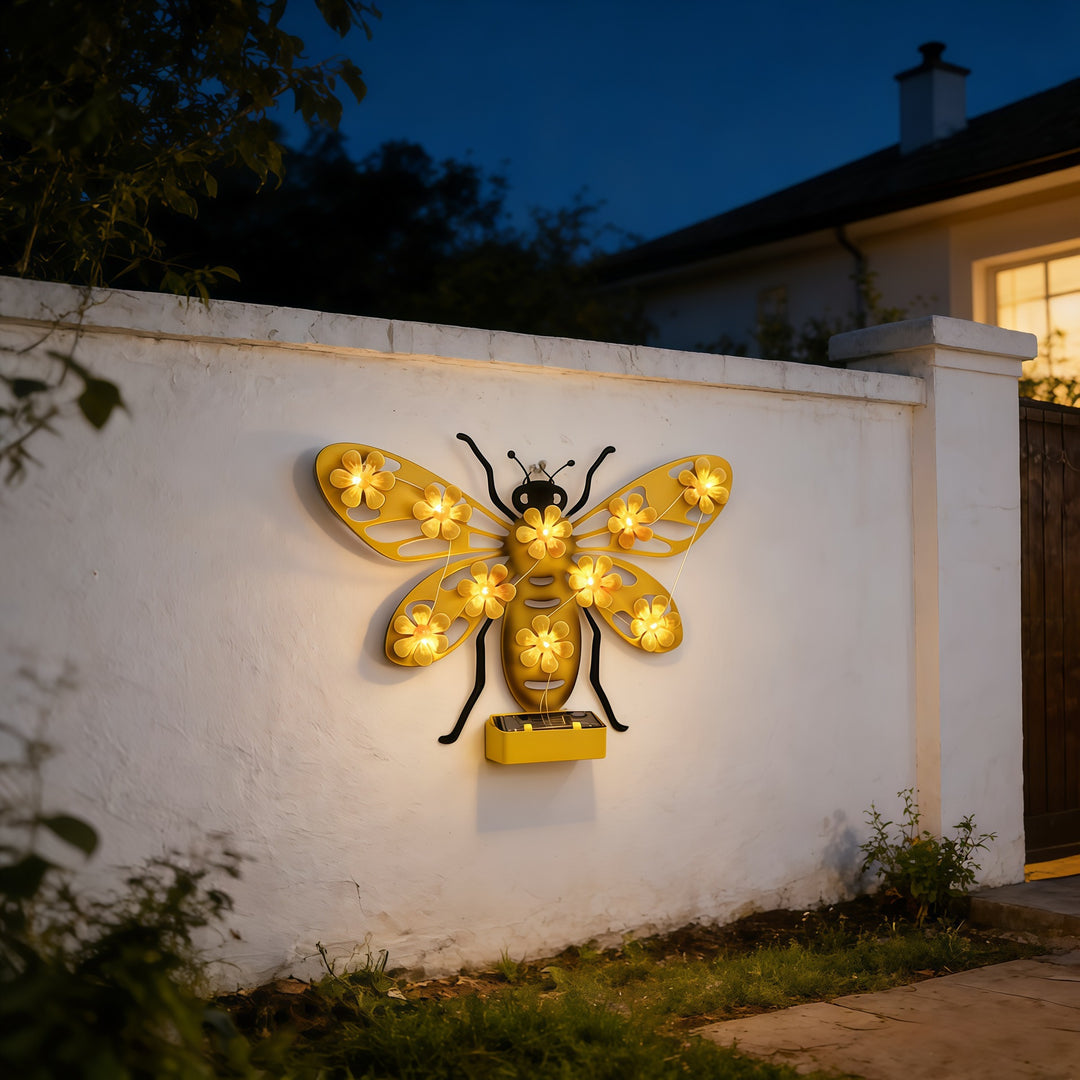 Decorative Solar LED Bee Wall Sculpture With Floral String Lights And Metal Mount Stornfield