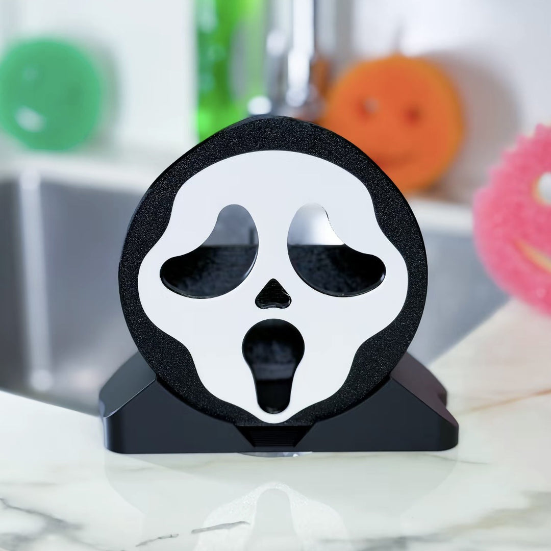 Freestanding sponge holder in skull design with storage compartment