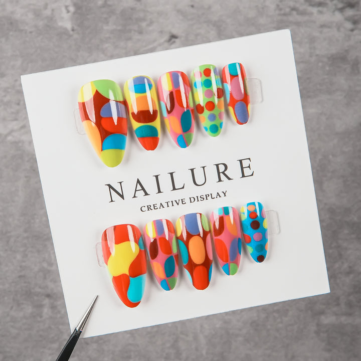 Artistic Press-On Nail Set with Colorful Geometric Patterns