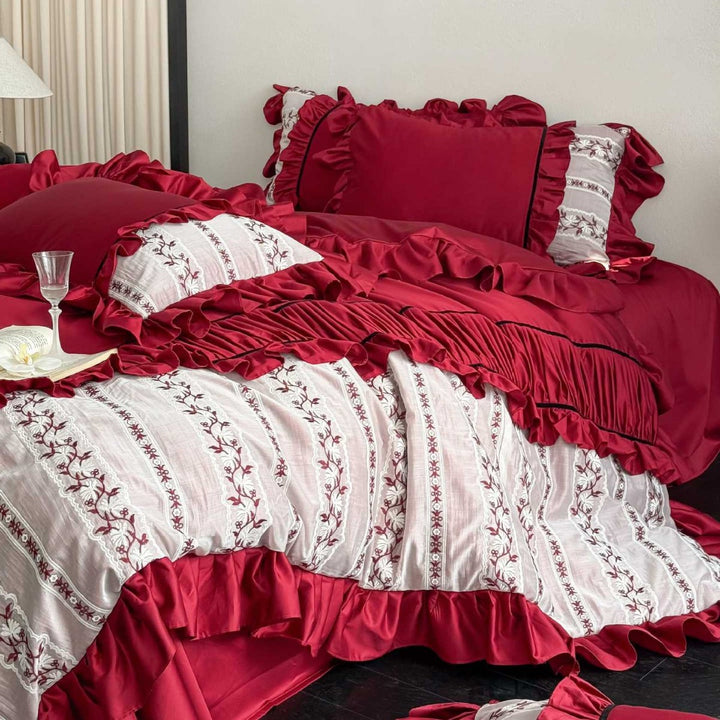 Luxurious Ruffle Bedding Set made of Satin with Embroidered Border