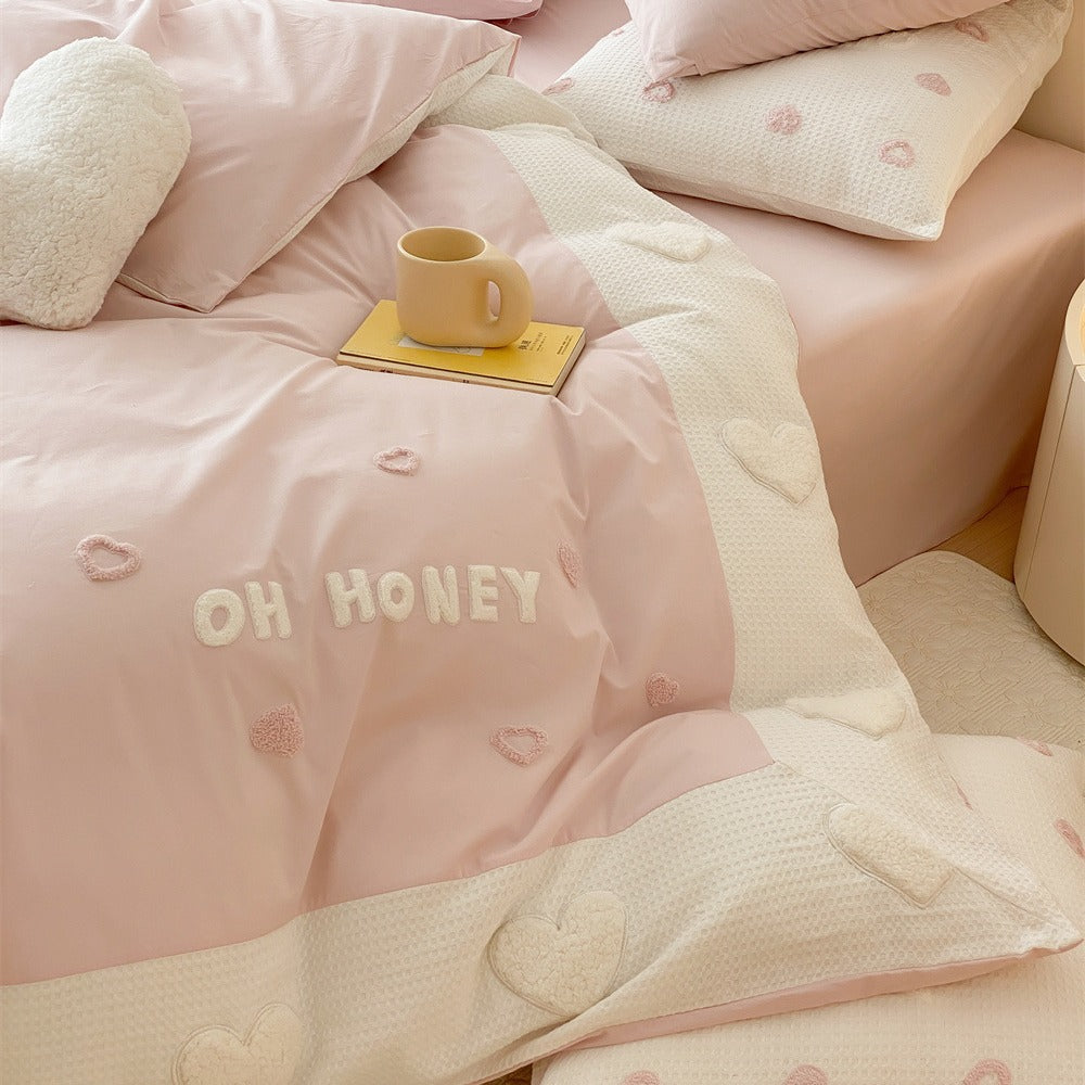 Romantic Embroidered Heart Cotton Duvet Cover Bedding Set