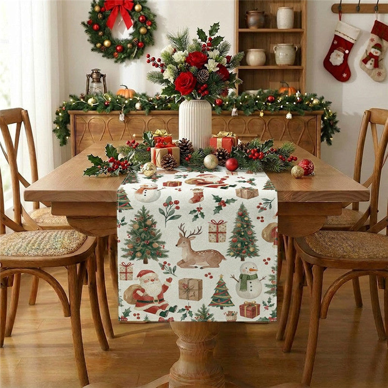 Festive Cotton-Blend Table Runner with Nutcracker and Christmas Tree Print