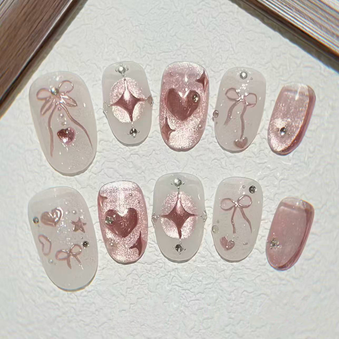 Elegant Press-On Nail Art Set with Gem Accents