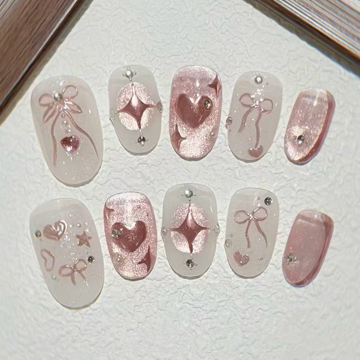 Elegant Press-On Nail Art Set with Gem Accents