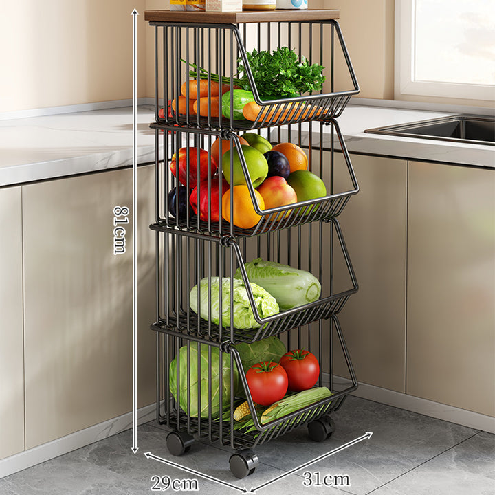 Countertop Wooden-Top Metal Wire Produce Storage Basket with Front-Tilt Access