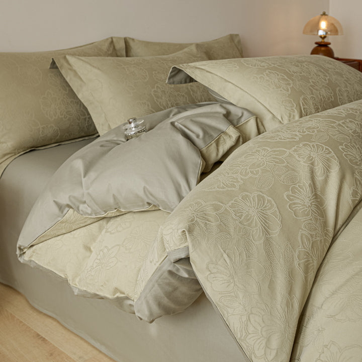 Floral Jacquard Cotton Duvet Cover Set with Pillowcases and Hidden Zipper