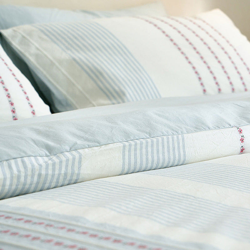Cotton Sateen Floral-Striped Duvet Cover and Pillowcase Set