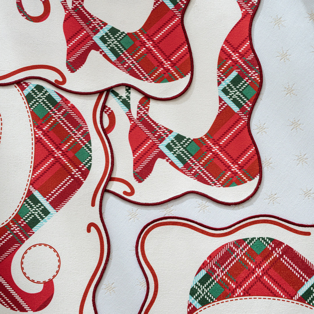 Rectangular Christmas floor rug with embroidered reindeer motif and check pattern