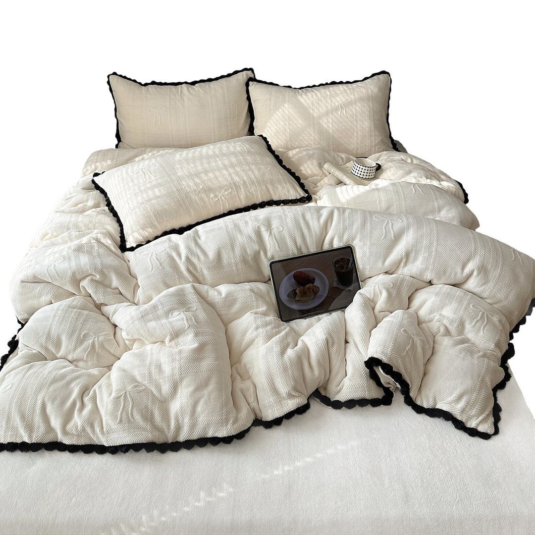Embossed Bow-Pattern Quilted Comforter Set with Pom-Pom Trim