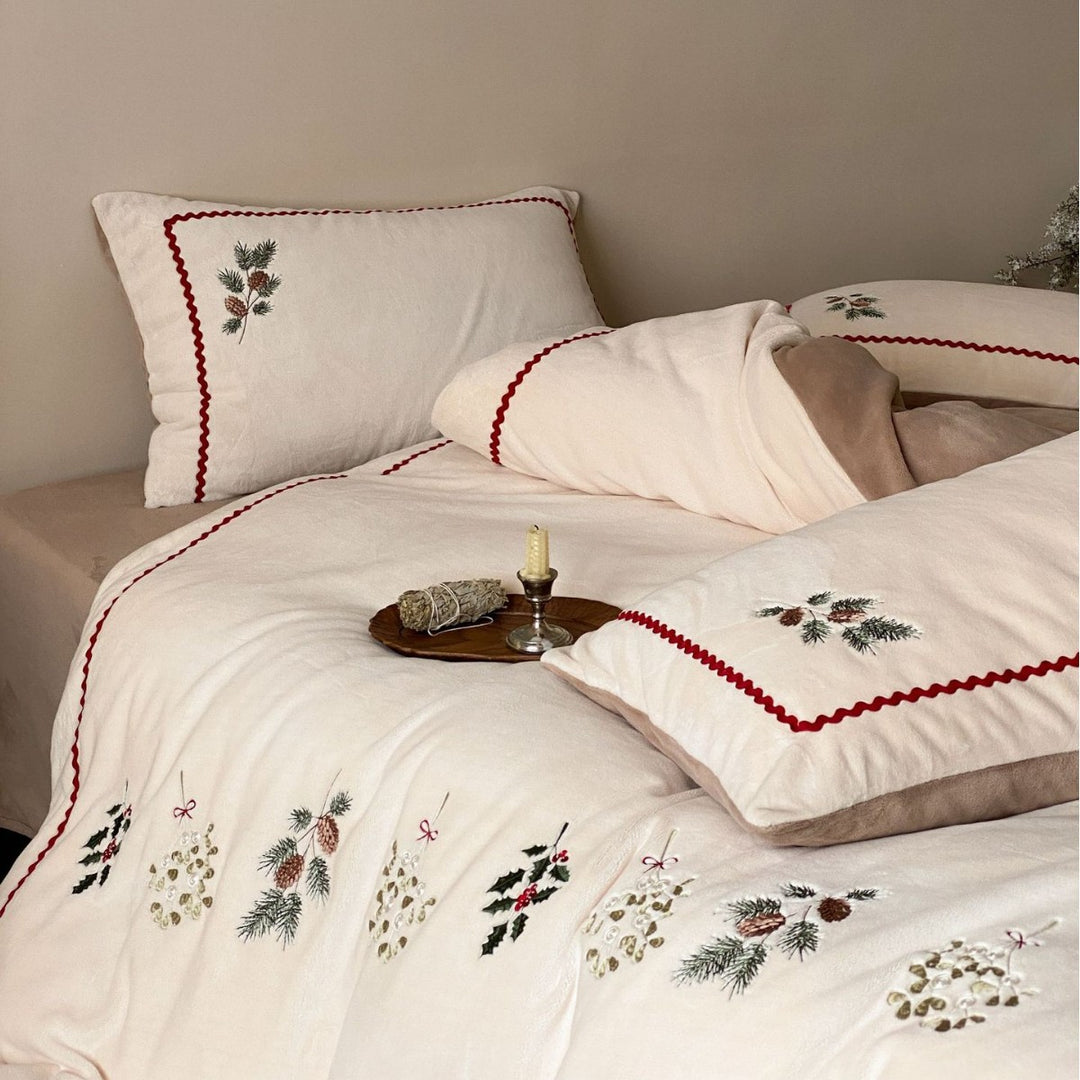 Embroidered Linen-Cotton Duvet Cover Set with Pine Branch Design & Zigzag Border